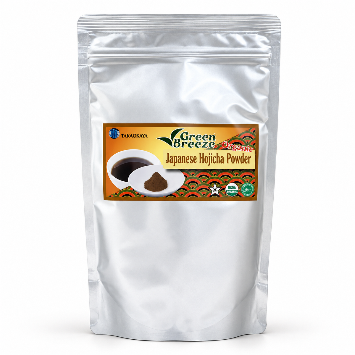Takaokaya Green Breeze Organic Hojicha Powder — AI-enhanced studio image